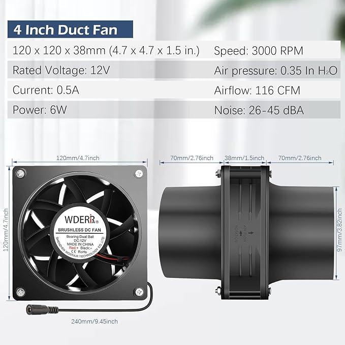 120mm x 38mm 4 Inch Duct Booster Small 12V Exhaust Fan - Image 5