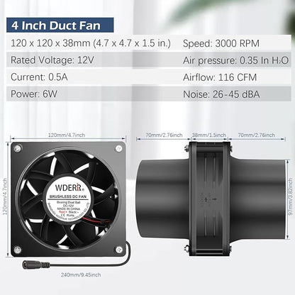 120mm x 38mm 4 Inch Duct Booster Small 12V Exhaust Fan - Image 5