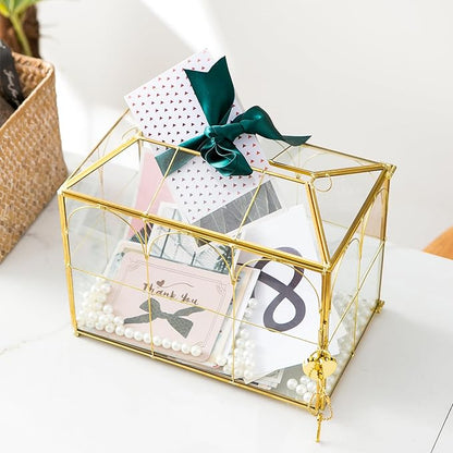 Glass Wedding Card Box with Slot, 10.2'' Large Clear Card Box Gold Brass Gift - Image 3