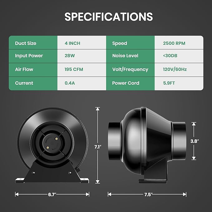 HealSmart 4 Inch Inline Duct Fan, 195 CFM Ventilation Fan, Exhaust HVAC Vent - Image 4