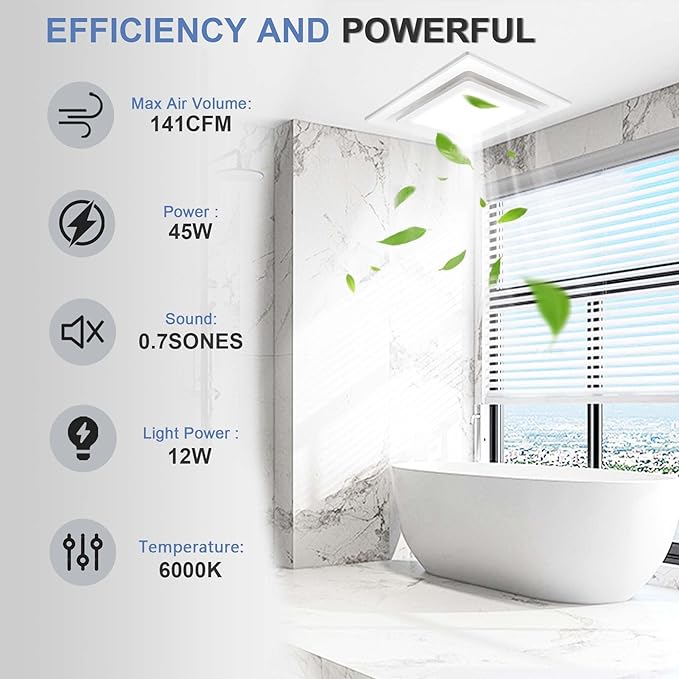 Bathroom Exhaust Fan with Light, Bathroom Fan with 6000K Square LED Combo - Image 2