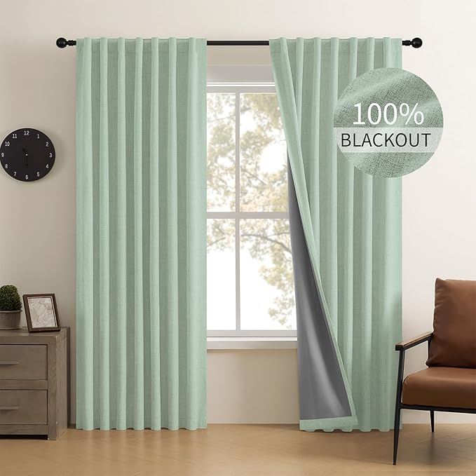 CUCRAF Linen 100% Blackout Curtains 90 Inch Length 2 Panels Set, Back Tab and by CUCRAF
