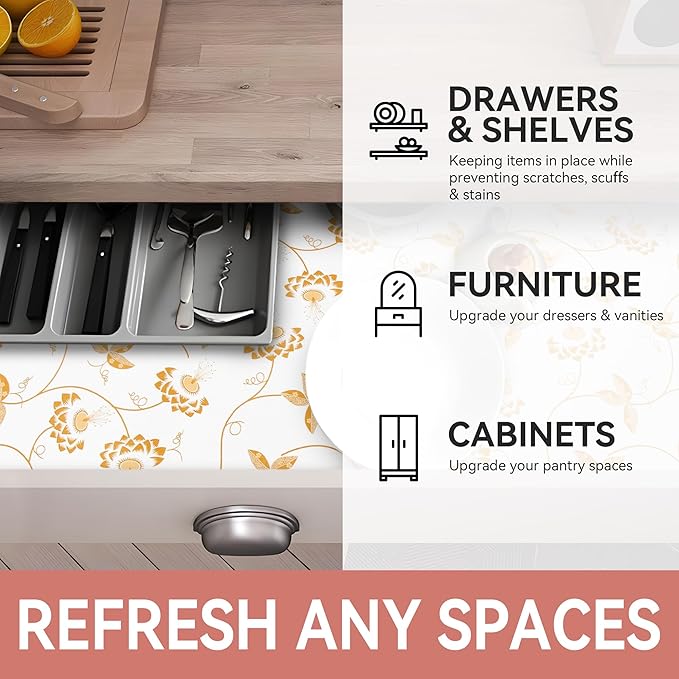 RAY STAR Shelf Liner, 18 Inch x 8 Feet Non Adhesive Golden Leaves Floral - Image 6