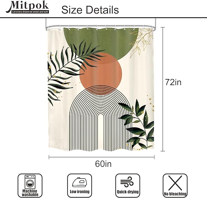 Green Boho Shower Curtain 60Wx72H Abstract Bohemian Modern Leaves Mid Century - Image 5