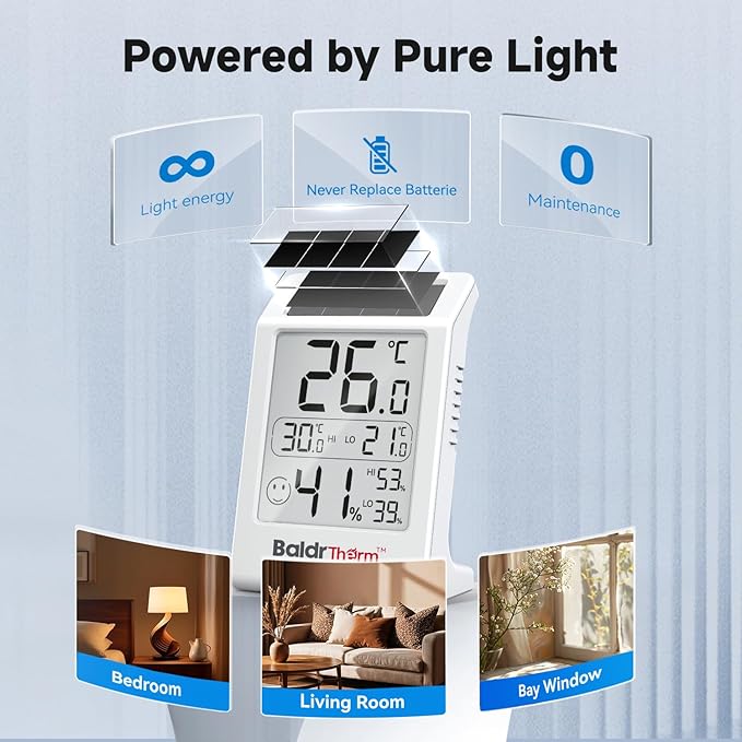 BaldrTherm Room Thermometer Indoor Humidity Meter, Solar-Powered 3.2'' Large - Image 3