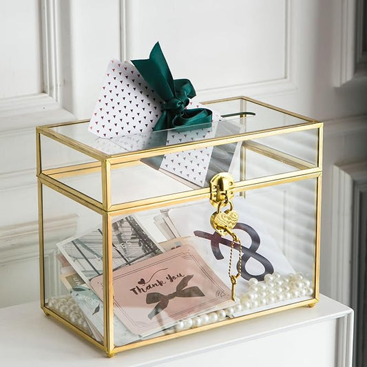 Glass Wedding Card Box with Slot and Lock, Large Clear Card Box Gold Brass Gift by Unknown