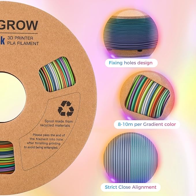 Comgrow Rainbow Colors Silk PLA 3D Printer Filament, PLA Filament 1.75mm - Image 2