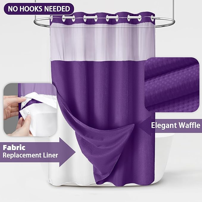 No Hook Shower Curtain and Liner Set, Deep Purple Hotel Waffle Shower Curtain - Image 3