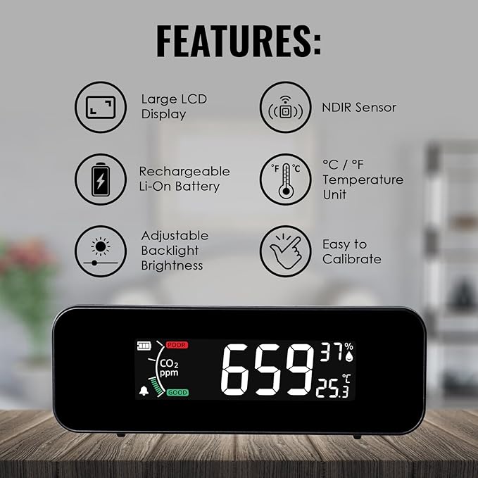 CO2 Monitor CO2 Meter Detector, Rechargeable Indoor Air Quality Monitor - Image 5