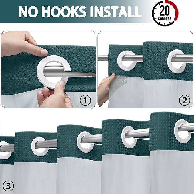 No Hook Shower Curtain and Liner Set, Seaweed Green Hotel Waffle Shower Curtain - Image 2
