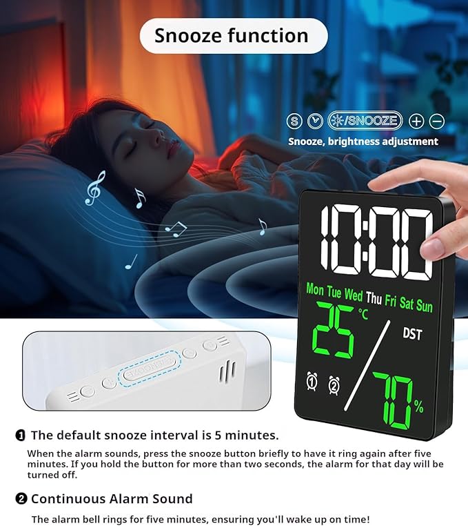 Digital LED Alarm Clock with Thermo-Hygrometer, Dual Alarms, Date & Year Display - Image 6