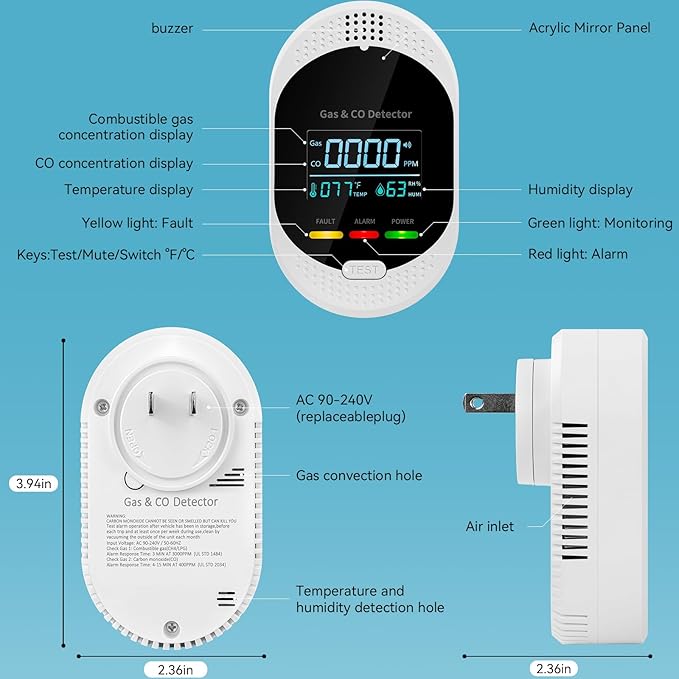 4-in-1 Carbon Monoxide Detectors, Plug in Combustible Gas Detector, Natural Gas - Image 4