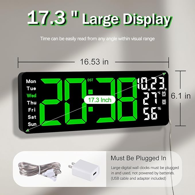 JoFomp 17.3" Large Digital Wall Clock, LED Digital Clock Large Display - Image 2