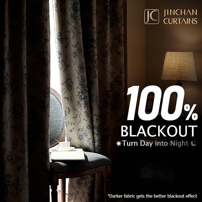 jinchan Blackout Linen Blend Curtain Floral Blackout Curtains - Image 2