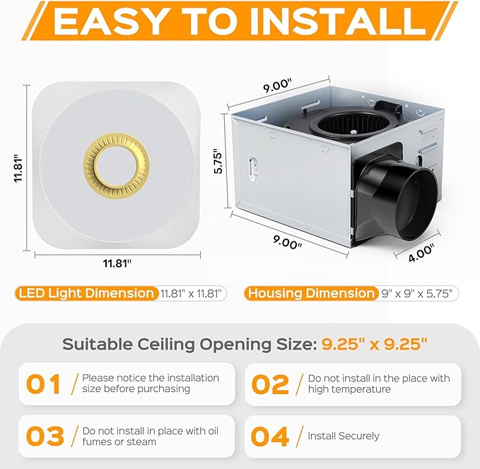 Bathroom Exhaust Fan with Light, 36W Quiet Vent Fan - Image 8