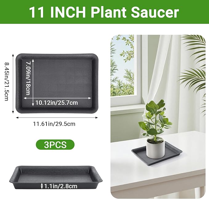GREANER 3 Packs Plant Tray, 11 Inch Black Seed Starter Tray Rectangular - Image 2