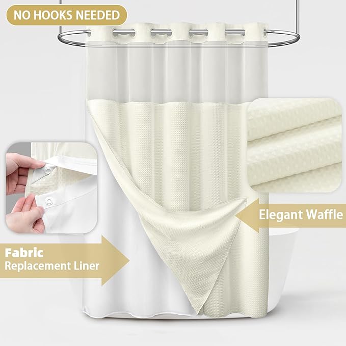 No Hook Shower Curtain and Liner Set, Cream Hotel Waffle Shower Curtain - Image 3