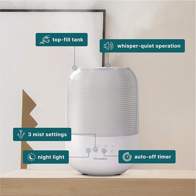 Homedics Ultrasonic Cool Mist Humidifier, Top-Fill 3L Water Tank, Covers 395 - Image 3