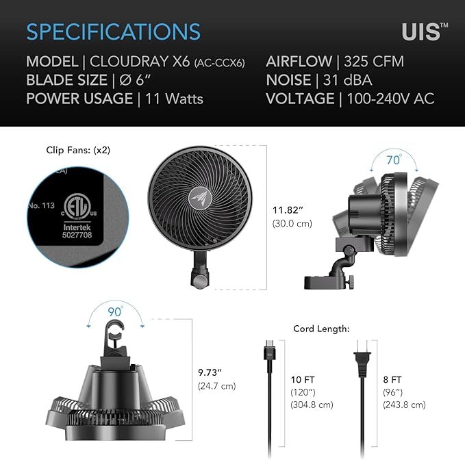 AC Infinity CLOUDRAY S6 2-Pack, Grow Tent Clip Fan 6” - Image 7