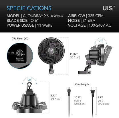 AC Infinity CLOUDRAY S6 2-Pack, Grow Tent Clip Fan 6” - Image 7