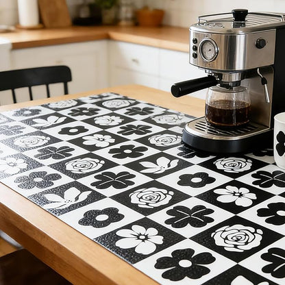 Shelf Liners Non Adhesive Black & White Checkerboard Floral - Image 7