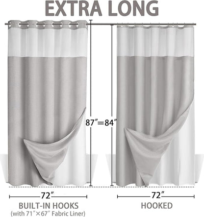 No Hook Shower Curtain and Liner Set, Light Grey Hotel Waffle Shower Curtain - Image 6