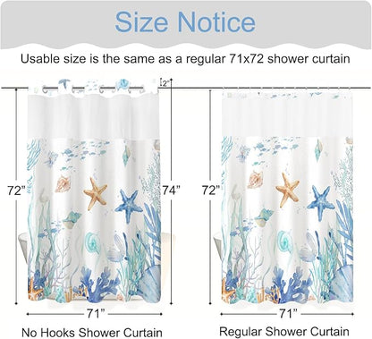 No Hook Shower Curtain with Snap in Liner, Beach Ocean Nautical Coastal Shower - Image 7