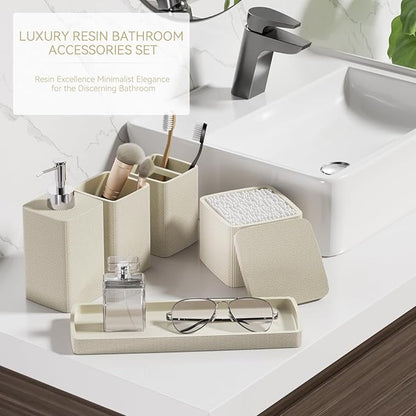 Beige Bathroom Accessories Set 5 Pieces, Resin Toothbrush Holders Set Complete - Image 6