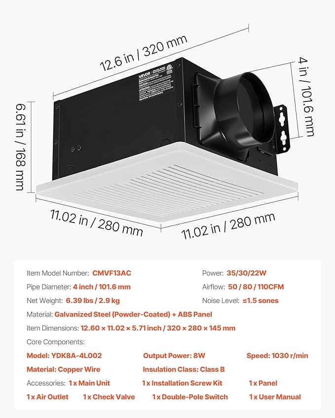 VEVOR Bathroom Exhaust Fan, 50-80-110 CFM Bathroom Vent, Premium Motor Ceiling - Image 7