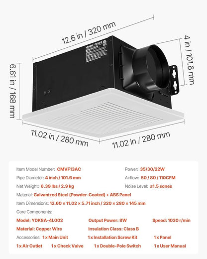 VEVOR Bathroom Exhaust Fan, 50-80-110 CFM Bathroom Vent, Premium Motor Ceiling - Image 7