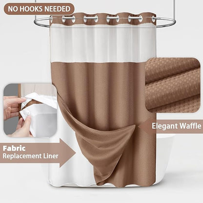 No Hook Shower Curtain and Liner Set, Mocha Brown Hotel Waffle Shower Curtain - Image 3