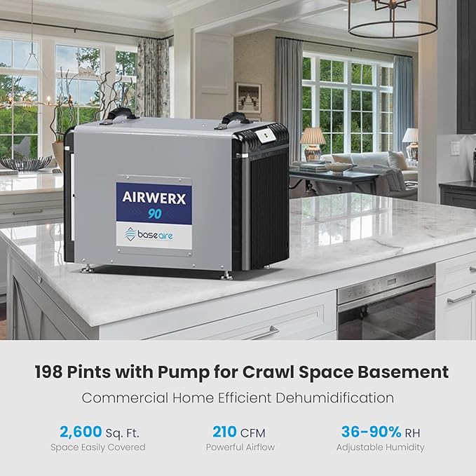 BASEAIRE 198 Pints Energy Star Crawl Space Commercial Dehumidifier, 5 Years - Image 3