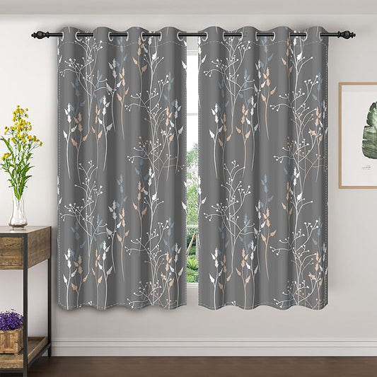 Gray-Blue Leaves Blackout Curtains 63 Inch Length, Room Darkening Curtains by Unknown