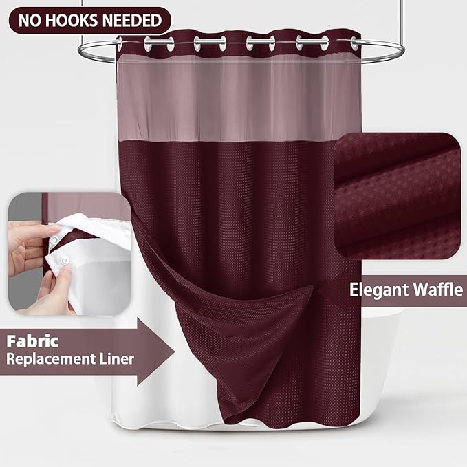 No Hook Shower Curtain and Liner Set, Burgundy Hotel Waffle Shower Curtain - Image 3