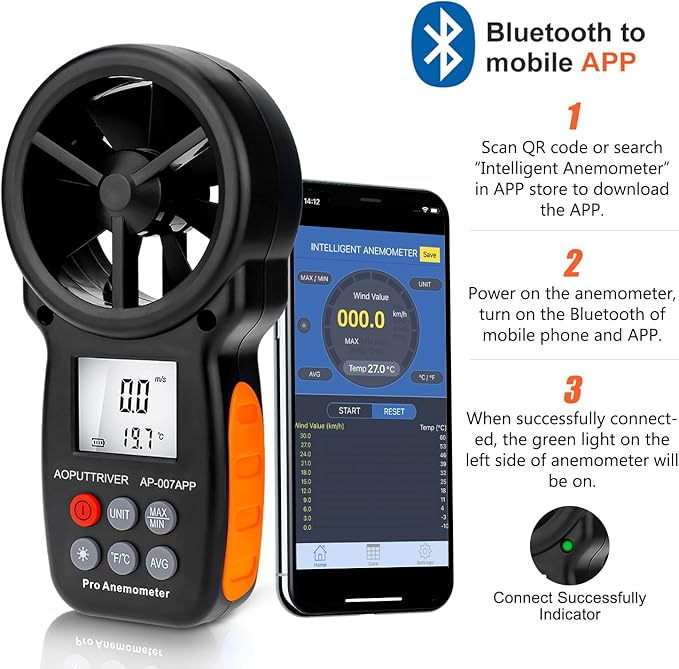 Bluetooth Anemometer, CFM Air Flow Velocity Tester, Digital Wind Speed Gauge - Image 4