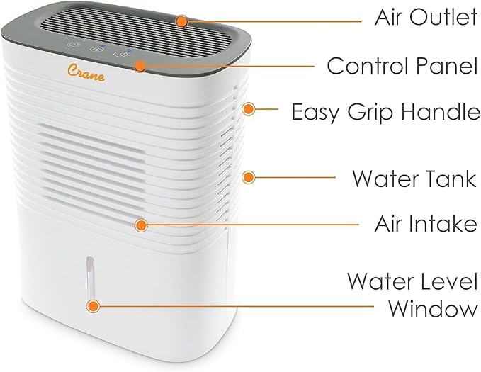 Crane Compact Dehumidifier for 300 Sq Ft Rooms, 0.5 Gallon Tank, For Basements - Image 2