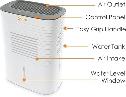 Crane Compact Dehumidifier for 300 Sq Ft Rooms, 0.5 Gallon Tank, For Basements - Image 2