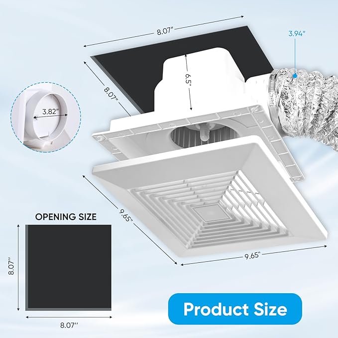 8 Inch Bathroom Exhaust Fan, Square 110 CFM 1.0 Sones Ultra Quiet Bathroom Vent - Image 3