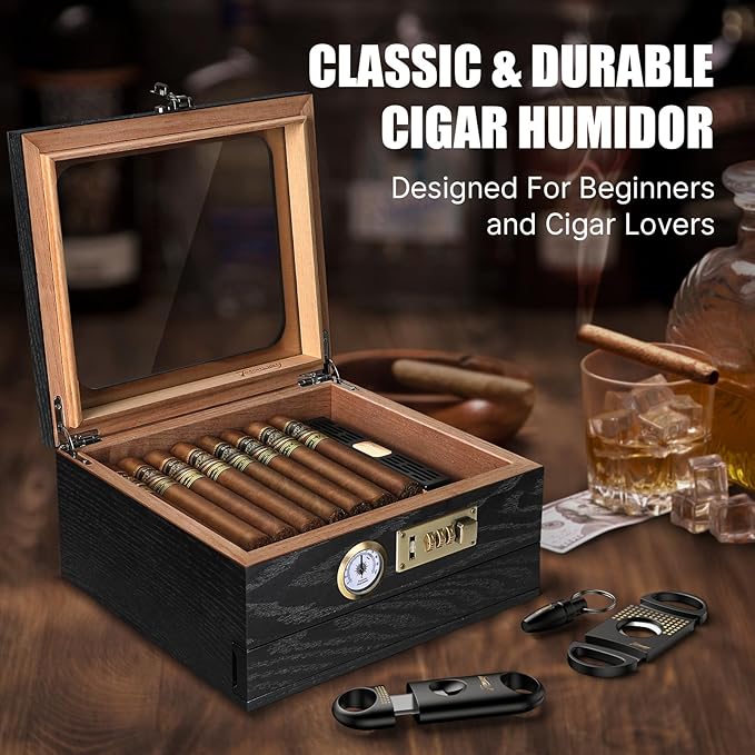 Cigar Humidor, Cedar Wood Humidor Cigar Box, Glass Top Desktop Humidor - Image 7