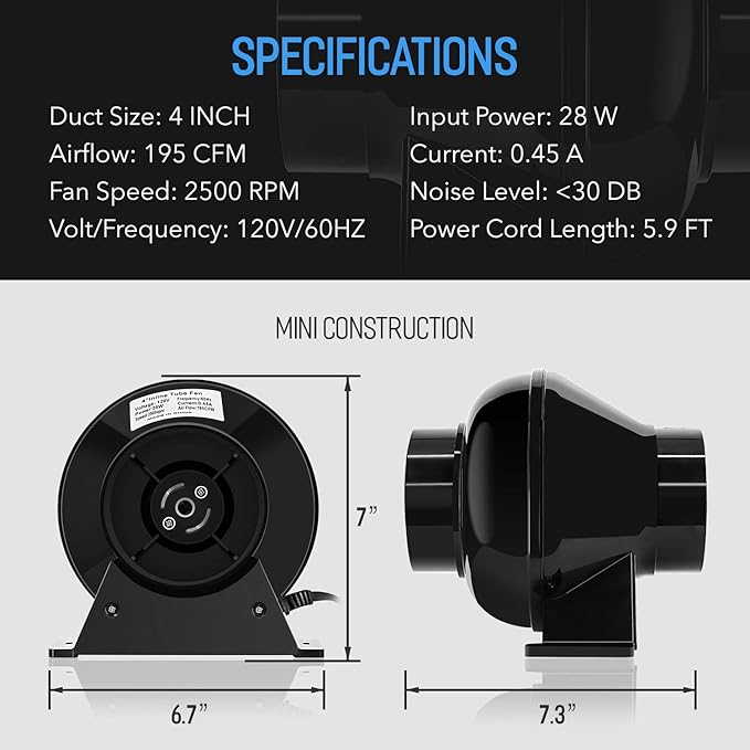 iPower 4 Inch 195 CFM Inline Duct Ventilation Fan Air Circulation Vent Blower - Image 3
