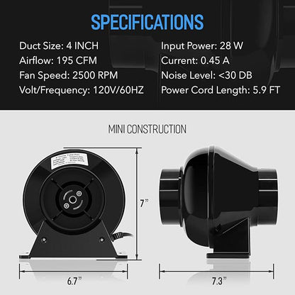 iPower 4 Inch 195 CFM Inline Duct Ventilation Fan Air Circulation Vent Blower - Image 3