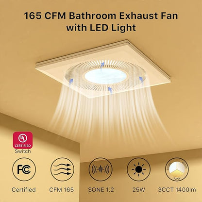 Bathroom Exhaust Fan with Light 11.8IN 165 CFM 1.2 Sones Shower Bathroom Vent - Image 2