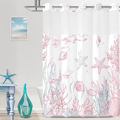 No Hook Shower Curtain with Snap in Liner, Beach Ocean Nautical Coastal Shower by TWLSNCD