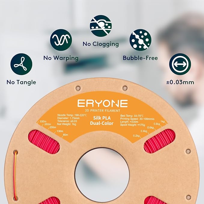 ERYONE Silk Dual Color PLA Filament 3D Printer 1.75mm +/- 0.03mm, Bicolor - Image 4