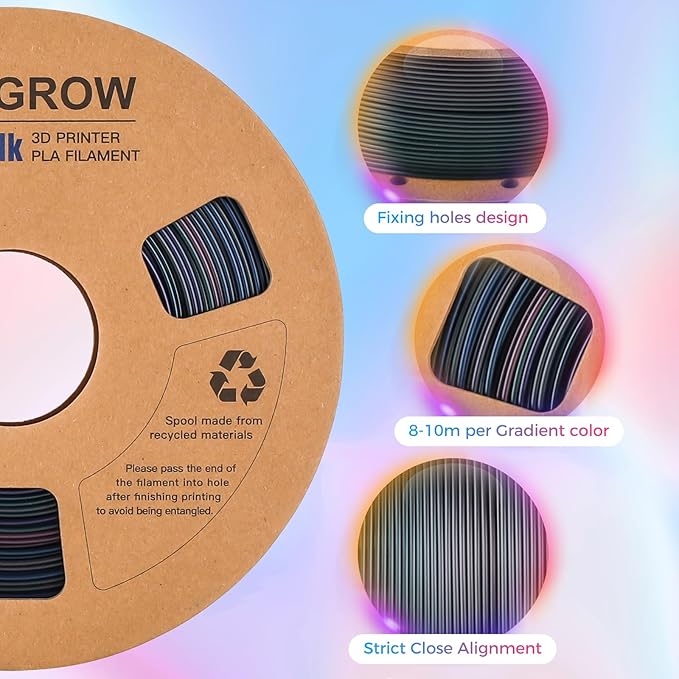 Comgrow Rainbow Colors Silk PLA 3D Printer Filament, PLA Filament 1.75mm - Image 2