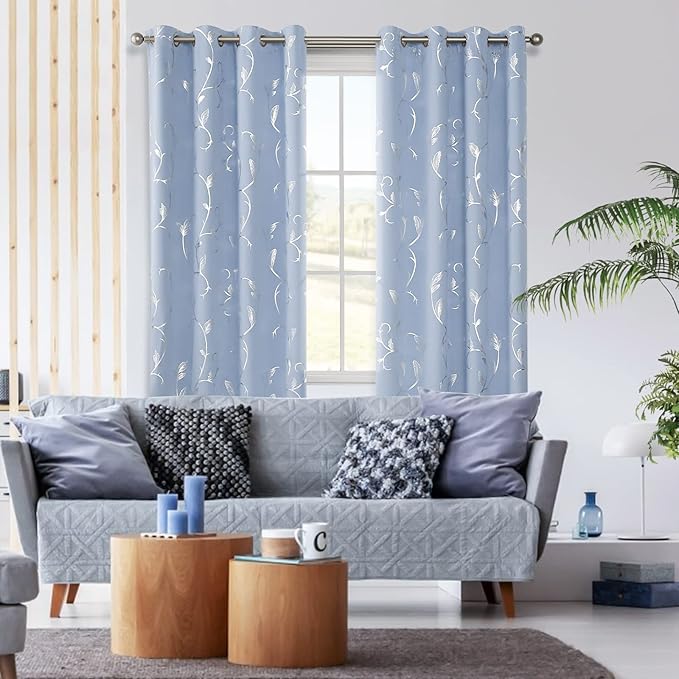 BUHUA Blue Blackout Curtain 2 Panel Set Vine Foil Print Thermal Insulated - Image 3