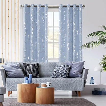 BUHUA Blue Blackout Curtain 2 Panel Set Vine Foil Print Thermal Insulated - Image 3