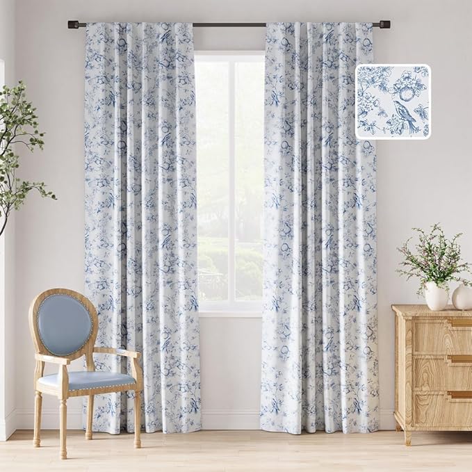 jinchan 95% Blackout Floral Curtains 84 Inches Long, Printed Flower Blue by JINCHAN