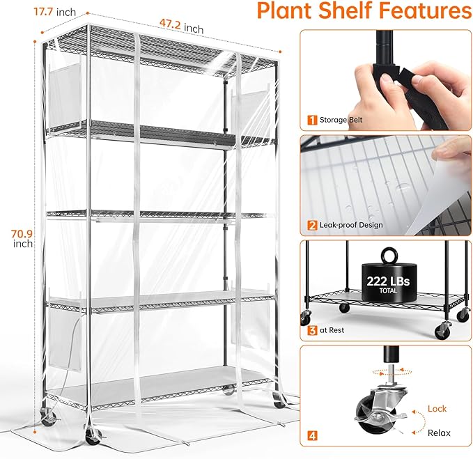 Bstrip Indoor Greenhouse with Grow Light, 5 Tier 47.2"x17.8"x71" Metal Shelf - Image 6