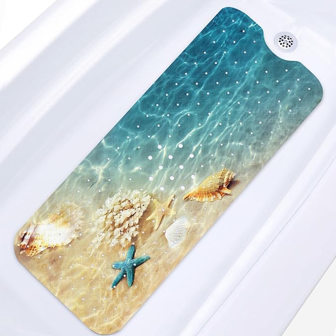 Seashell Summer Beach Bath Mat Non Slip, Starfish Blue 40 X 16 Inch Extra Long by Britown